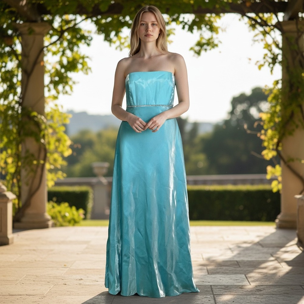 Cache Vintage Y2K Aqua Blue Shimmer Corset Back Prom Formal Gown Dress Size 9/10